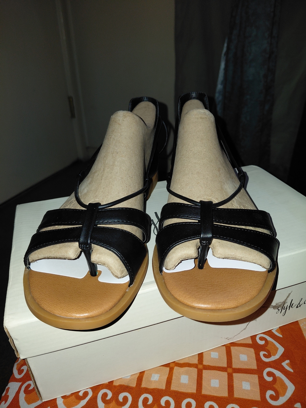Style & Co. Black Strappy Sandals with Tan Footbed